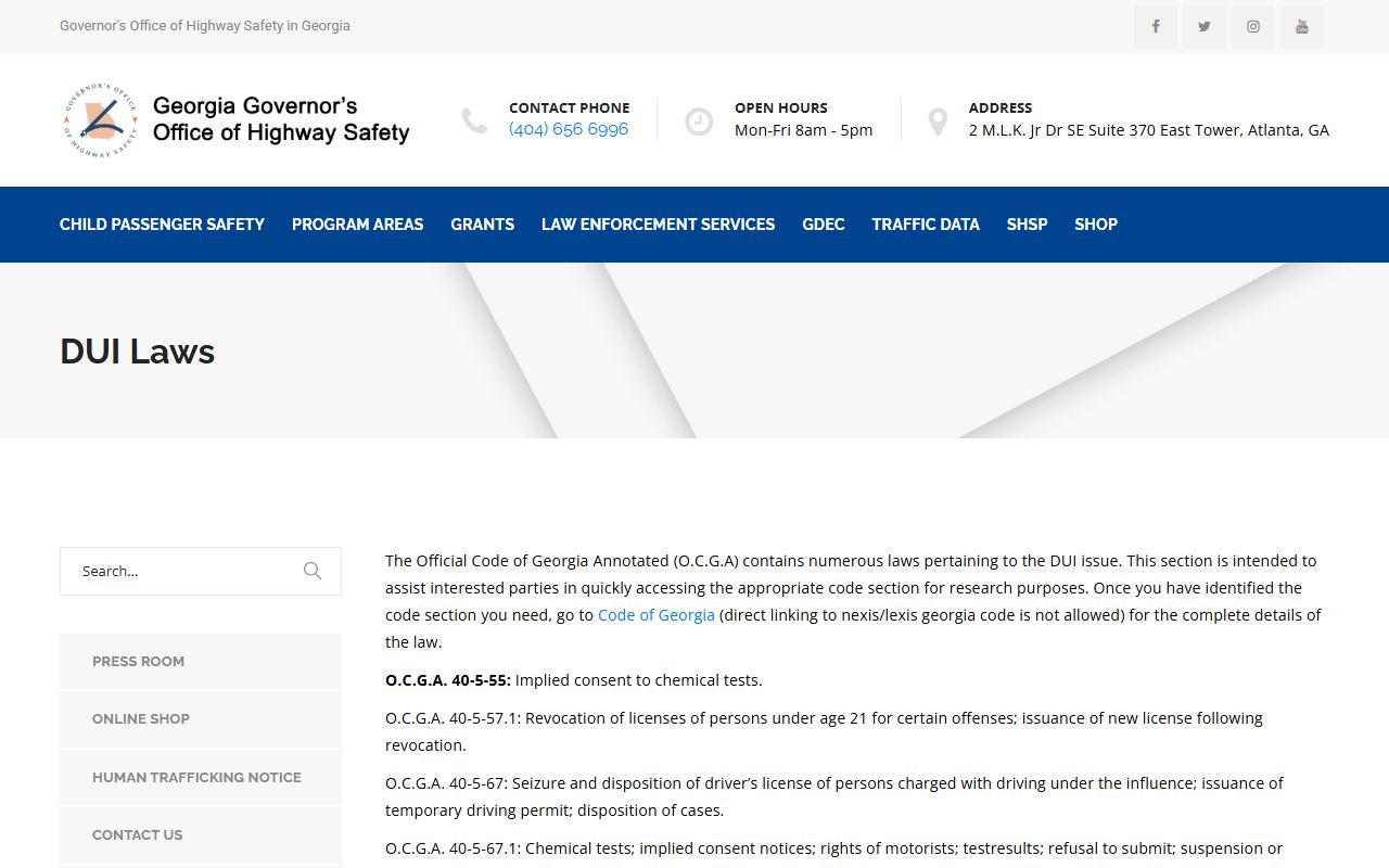 Georgia GOHS DUI laws page for DUI records reference